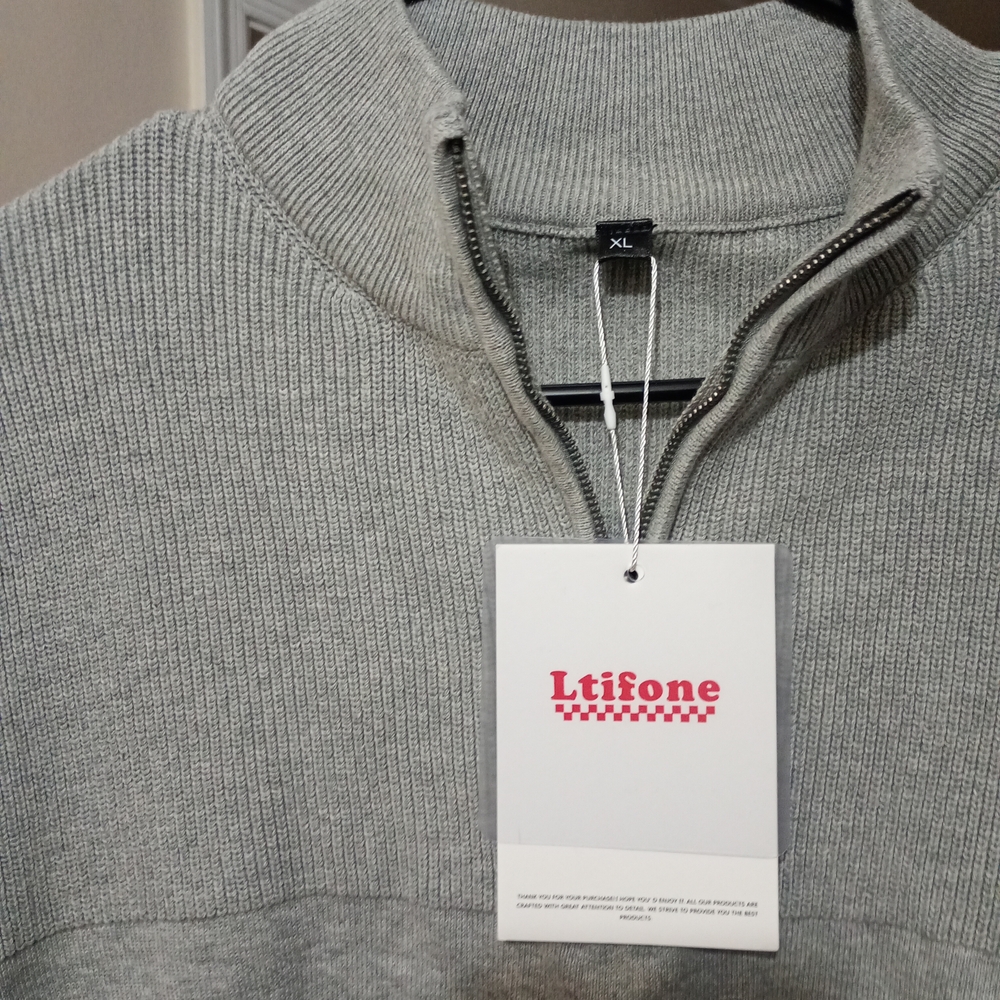Gray Zip Up Sweater with Ribbed Knit Texture